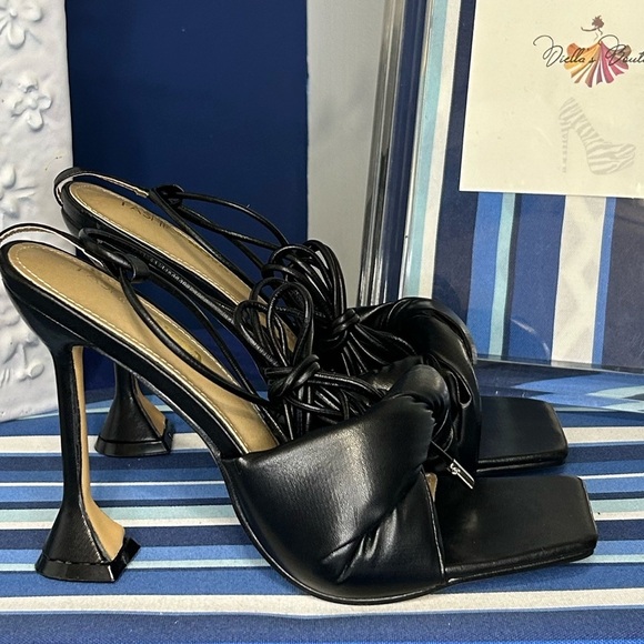 Black square toe knotted strappy wrap tie up high heel sandals sz 10 - Picture 9 of 16
